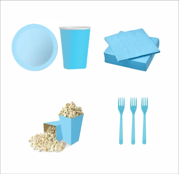 8 Mavi Tabak, 8 Mavi Bardak, 8 Mavi Mısır Kutusu, 10 Çatal, 10 Peçete ürün görseli 1