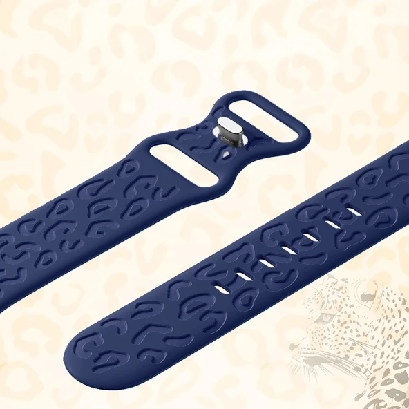 Apple Watch Ultra 1 ve 2 Uyumlu 49mm Leopar Desenli Yumuşak Silikon Kordon  Lacivert - Resim 4