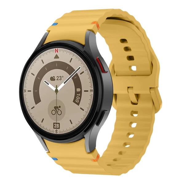 Samsung Galaxy Watch 5 Pro 45mm İle Uyumlu Metal Tokalı Dalgalı Spor Silikon Kordon  Sarı ürün görseli 1