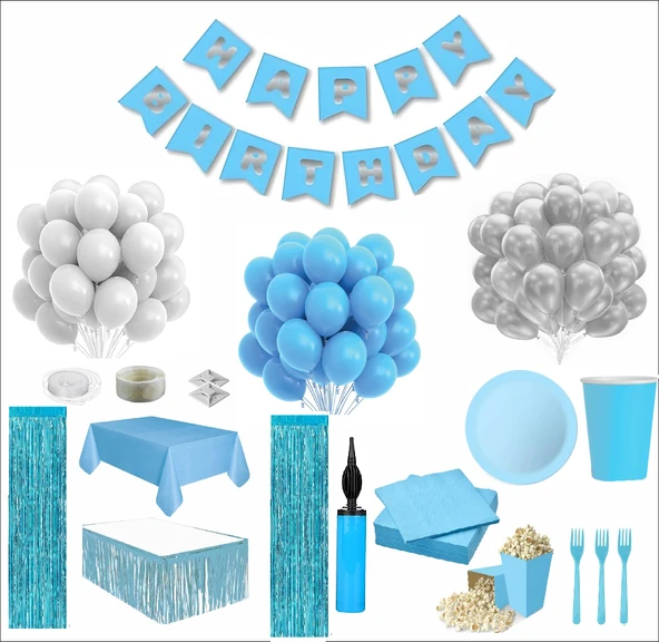 Mavi Beyaz 16 Kişilik Full Doğum Günü Seti ürün görseli 1