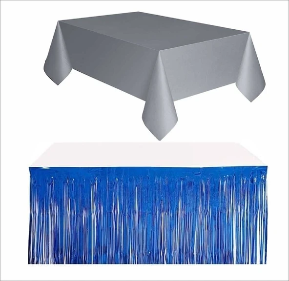 Gümüş Masa Örtüsü, Lacivert Masa Eteği ürün görseli 1