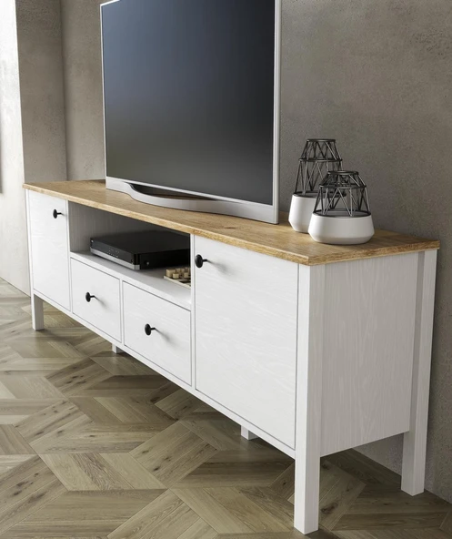 Lumera Modern Tv Ünitesi - Konsol 2 Kapaklı 2 Çekmeceli  Raflı Dolaplı MDF Profil Ayaklı 180 Cm  Minifixli - Resim 2