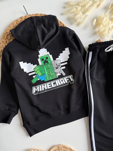 Minecraft Temalı Kapüşonlu Çocuk Takımı – Sırt Baskılı Sweatshirt & Jogger Alt - Resim 2