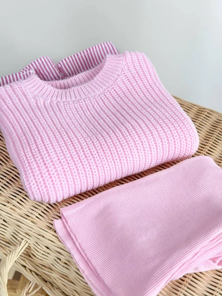 Pembe Fırfır Detaylı Kombin Takım – Örme & Gömlek Kumaş Üst + Boru Paça Alt - Resim 4