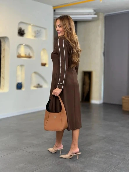 MDB Kadın Uzun Kollu Bisiklet Yaka Midi Modal Elbise - Resim 3