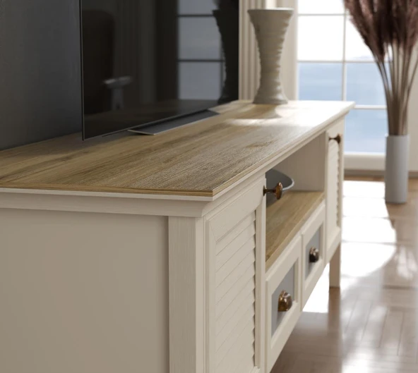 Valena Tv Ünitesi - Konsol 2 Kapaklı 2 Çekmeceli Panjur Kapaklı Raflı Dolaplı MDF Profil Ayaklı 180 Cm  Minifixli - Resim 4