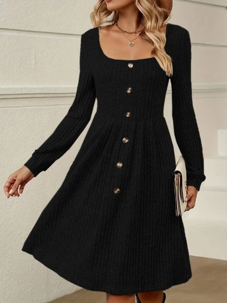 MDB Kadın Uzun Kollu Kare Yaka Düğmeli Kısa şardonlu Iki Iplik Mini Elbise - Resim 2