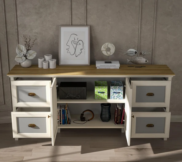 Valena Konsol Çok Amaçlı Dolap 2 Kapaklı 4 Çekmeceli Panjur Kapaklı MDF Profil Ayaklı 185 Cm Minifixli - Resim 3