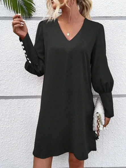 MDB Kadın Uzun Kollu V Yakalı Kısa Ithal Krep Elbise ürün görseli 1