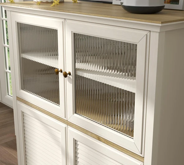 Valena Konsol - Vitrin - Büfe 2 Nervür Cam Kapak 2 Panjur Kapaklı  Panjur Kapaklı MDF Profil Ayaklı 110 Cm Minifixli Çok Amaçlı - Resim 4