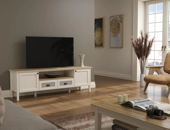 Valena Tv Ünitesi - Konsol 2 Kapaklı 2 Çekmeceli Panjur Kapaklı Raflı Dolaplı MDF Profil Ayaklı 180 Cm  Minifixli - Resim 2