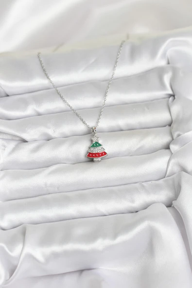 316L Çelik Zincir Gümüş Ren Çam Ağacı Model Zirkon Taşlı Yılbaşı Temalı Kadın Kolye - TJ-BKO10711 - Resim 2