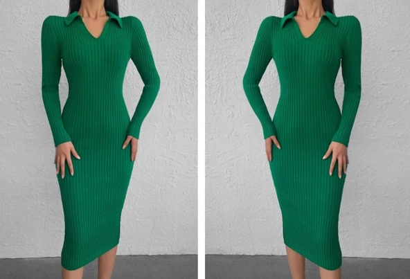 MDB Kadın Uzun Kollu Yakalı Triko Elbise - Resim 3