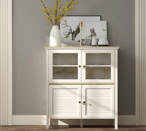 Valena Konsol - Vitrin - Büfe 2 Nervür Cam Kapak 2 Panjur Kapaklı  Panjur Kapaklı MDF Profil Ayaklı 110 Cm Minifixli Çok Amaçlı - Resim 2