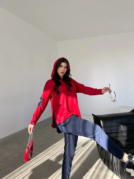 MDB Kadın Kırmızı Kapşonlu Etek Ucu Detay Arma Ters Dikiş Gorunumlu Ikili Takım - Resim 5