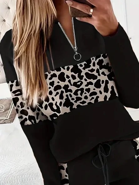 MDB Kadın Uzun Kollu Fermuarlı Karışık Desenli Viskon Iki Iplik Bluz Ve Pantolon Ikili Takım - Resim 2