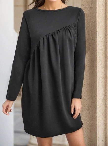 MDB Kadın Uzun Kollu Bisiklet Yaka çapraz Büzgü Detay Iki Iplik Mini Boy Elbise - Resim 5