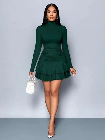 MDB Kadın Uzun Kollu Balıkçı Yaka Mini Fırfırlı Sandy Elbise - Resim 3