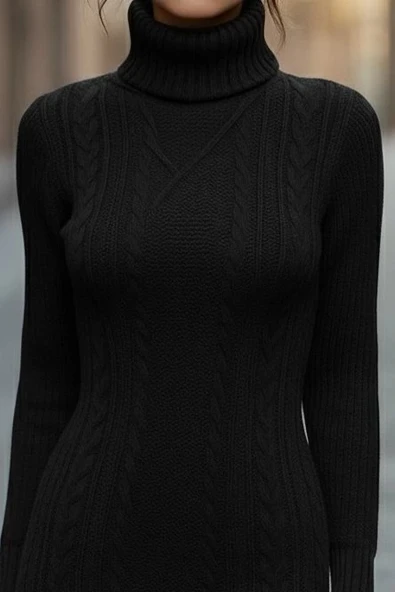 MDB Kadın Uzun Kollu Balıkçı Yaka Kısa Triko Elbise - Resim 2