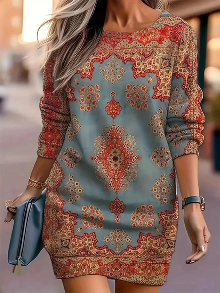 MDB Kadın Uzun Kollu Yuvarlak Yaka Desenli Mini Modal Elbise ürün görseli 1