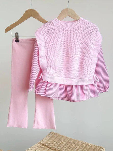 Pembe Fırfır Detaylı Kombin Takım – Örme & Gömlek Kumaş Üst + Boru Paça Alt - Resim 2