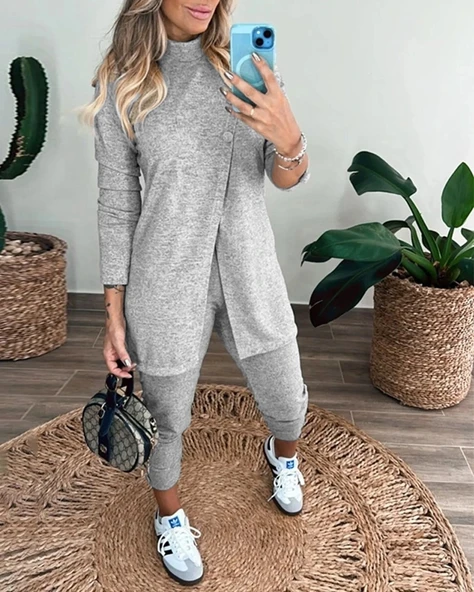 MDB Kadın Uzun Kollu Balıkçı Yaka önden Düğmeli Bluz Ve Pantolon Yumoş Ikili Takım - Resim 3