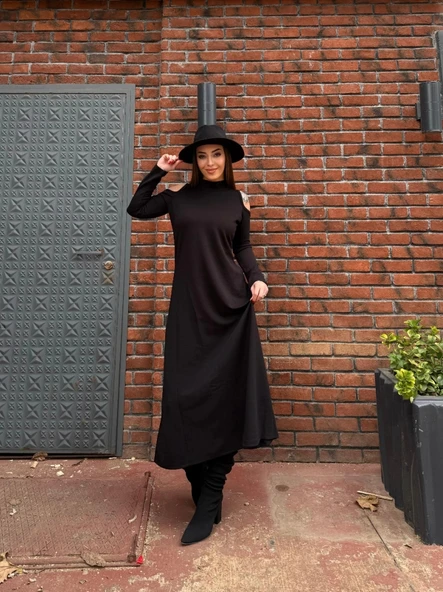 MDB Kadın Balıkçı Yaka Omuzlardan Açık Uzun Kollu Janjan Krep Elbise - Resim 5