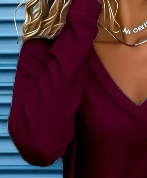 MDB Kadın Uzun Kollu V Yakalı Viskon Iki Iplik Mürdüm Renk Bluz - Resim 3