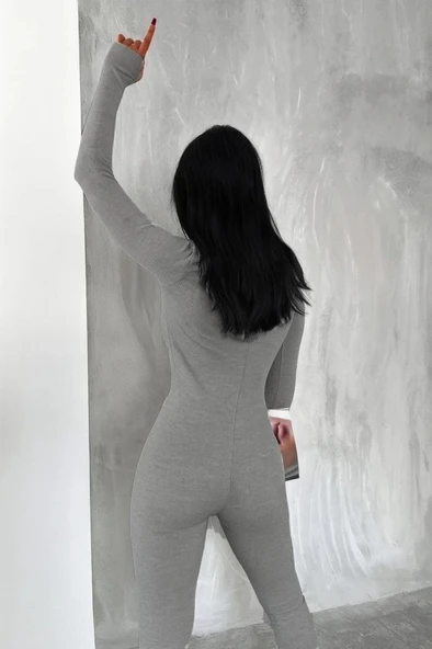 MDB Kadın Uzun Kollu V Yaka Baş Parmak Geçirmeli Detay Kaşkorse Tulum - Resim 2