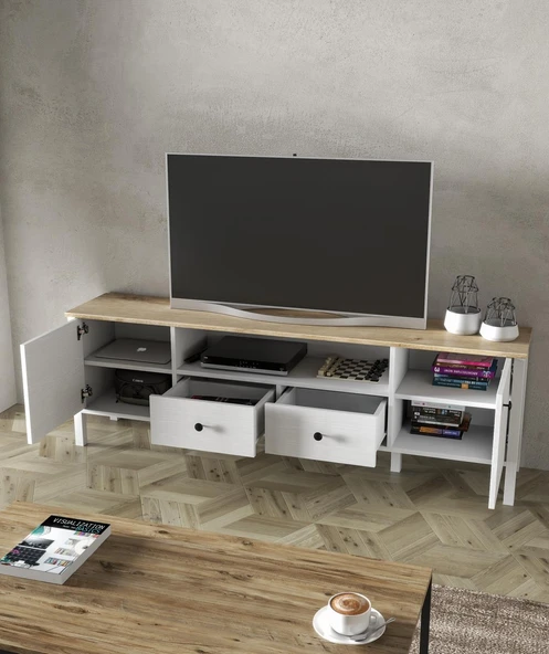 Lumera Modern Tv Ünitesi - Konsol 2 Kapaklı 2 Çekmeceli  Raflı Dolaplı MDF Profil Ayaklı 180 Cm  Minifixli - Resim 3
