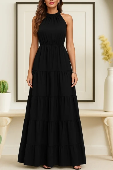 MDB Kadın Kolsuz Halter Yaka Beli Lastiklidesenli Mikro Elbise ürün görseli 1