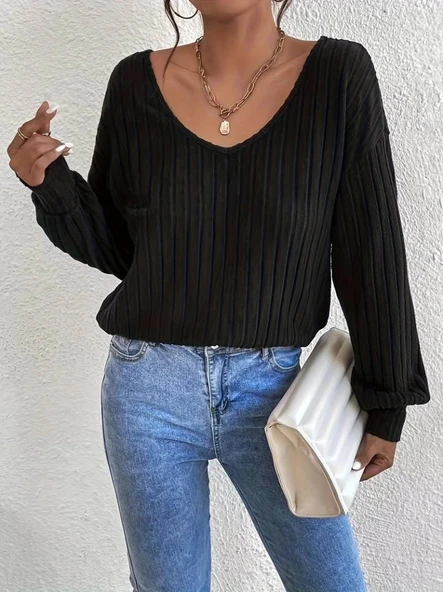 MDB Kadın Uzun Kollu V Yakalı Pencere Sırt Dantel Detaylı Kalın Fitilli Kaşkorse Bluz - Resim 2