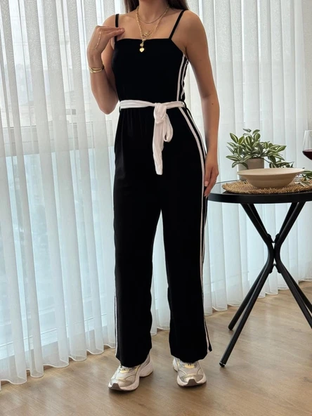 MDB Kadın Ip Askılı Straplez Belden Kuşaklı Viskon Iki Iplik Tulum - Resim 3