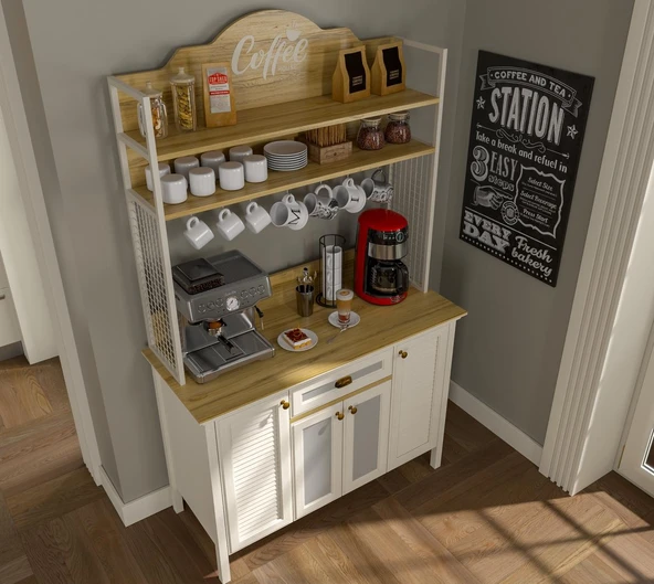 Valena Kahve Köşesi Erzak Dolabı Çok Amaçlı Dolap Airfry Dolabı 4 Kapaklı 1 Çekmeceli Bardak Askılıklı 120 Cm Minifixli - Resim 4