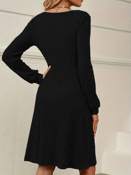 MDB Kadın Uzun Kollu Kare Yaka Düğmeli Kısa şardonlu Iki Iplik Mini Elbise - Resim 3