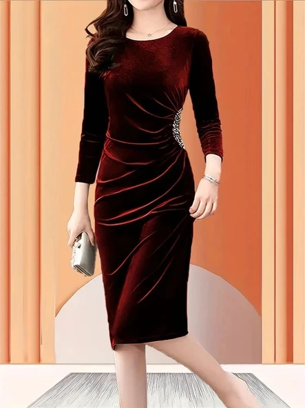 MDB Kadın Uzun Kollu Bot Yaka Yanı Taş Detaylı Midi Kadife Elbise - Resim 4