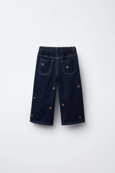 Ayarlanabilir Bel Detaylı Çocuk Denim Pantolon – Nakışlı Boru Paça - Resim 2