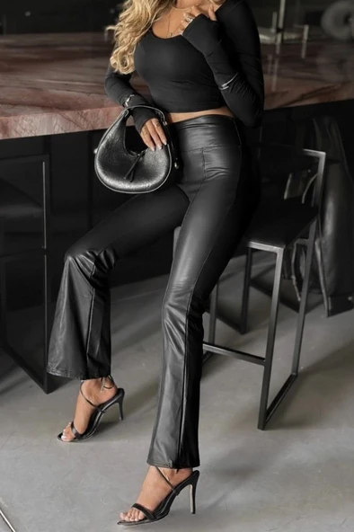 MDB Kadın Yüksek Bel Paçaya Doğru Geniş Deri Pantolon - Resim 2