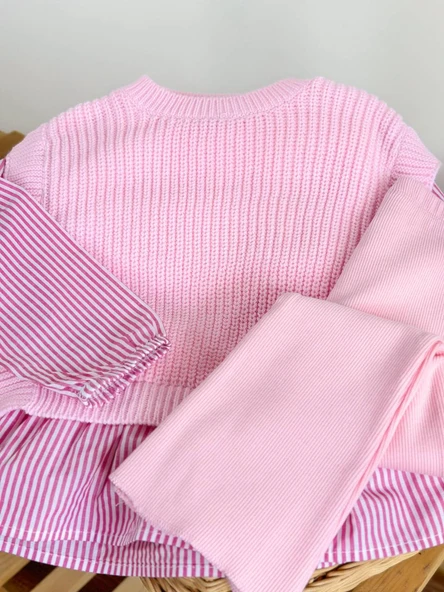 Pembe Fırfır Detaylı Kombin Takım – Örme & Gömlek Kumaş Üst + Boru Paça Alt - Resim 3