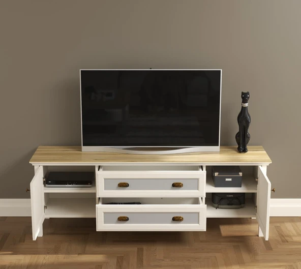 Valena Tv Ünitesi - Konsol 2 Kapaklı 2 Çekmeceli Panjur Kapaklı MDF Profil Ayaklı 180 Cm Minifixli - Resim 3
