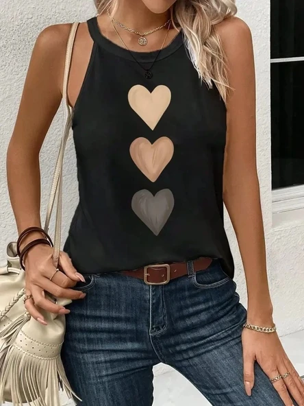 MDB Kadın Omuzlardan Açık Boyundan Askılı Kalp Baskılı Viskon Bluz ürün görseli 1