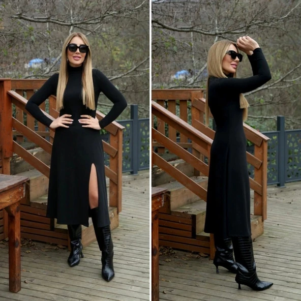 MDB Kadın Uzun Kollu Balıkçı Yaka Derin Yırtmaç Detay Krep Elbise - Resim 8