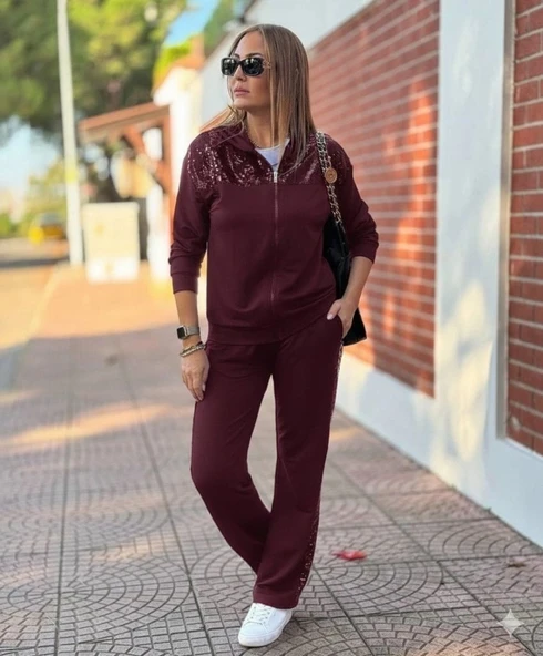 MDB Kadın Uzun Kollu önden Fermuarlı Pul Payetli Alt üst Viskon Iki Iplik Takım - Resim 3