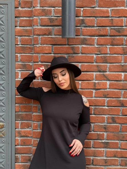 MDB Kadın Balıkçı Yaka Omuzlardan Açık Uzun Kollu Janjan Krep Elbise - Resim 7