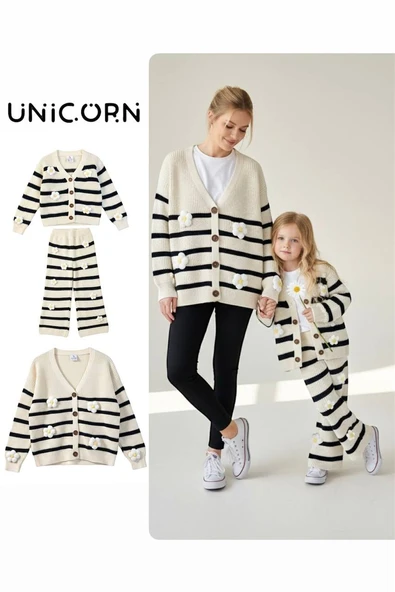 Çiçek Aplikeli Örgü Kız Çocuk Takımı – Düğmeli Hırka & Boru Paça Etek ürün görseli