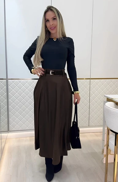 MDB Kadın Yüksek Belli Maxi Deri Kemersiz Etek ürün görseli