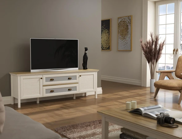 Valena Tv Ünitesi - Konsol 2 Kapaklı 2 Çekmeceli Panjur Kapaklı MDF Profil Ayaklı 180 Cm Minifixli ürün görseli