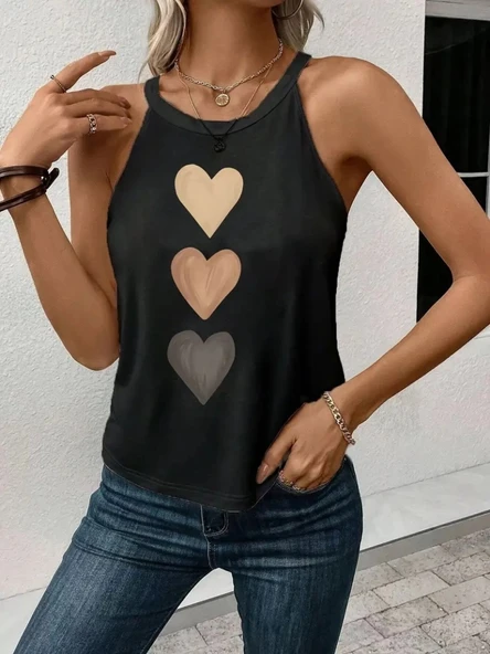 MDB Kadın Omuzlardan Açık Boyundan Askılı Kalp Baskılı Viskon Bluz - Resim 3