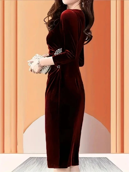 MDB Kadın Uzun Kollu Bot Yaka Yanı Taş Detaylı Midi Kadife Elbise - Resim 5