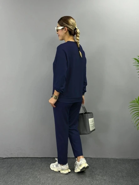 MDB Kadın Uzun Kollu Bisiklet Yaka Viskon Iki Iplik Bluz Ve Pantolon Ikili Takım - Resim 3